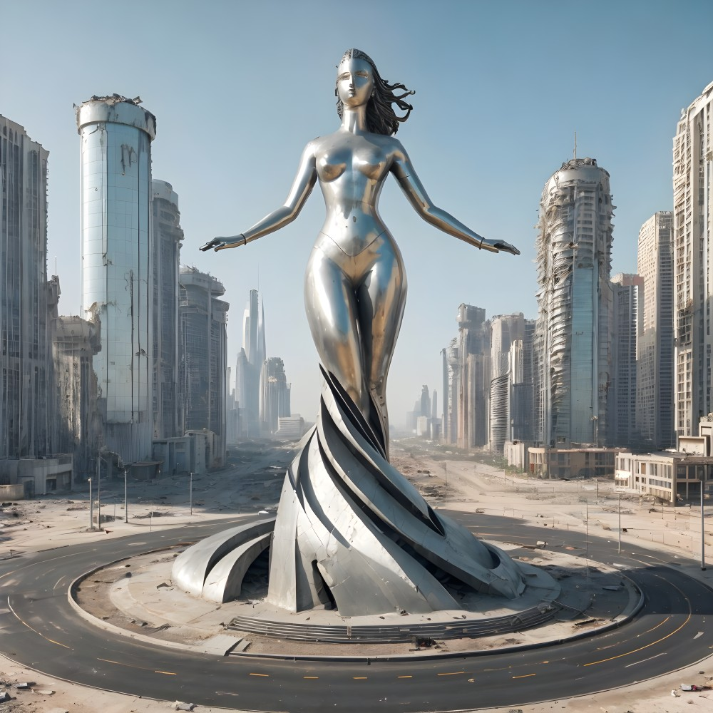 Futuristic metallic female sculpture in urban roundabout