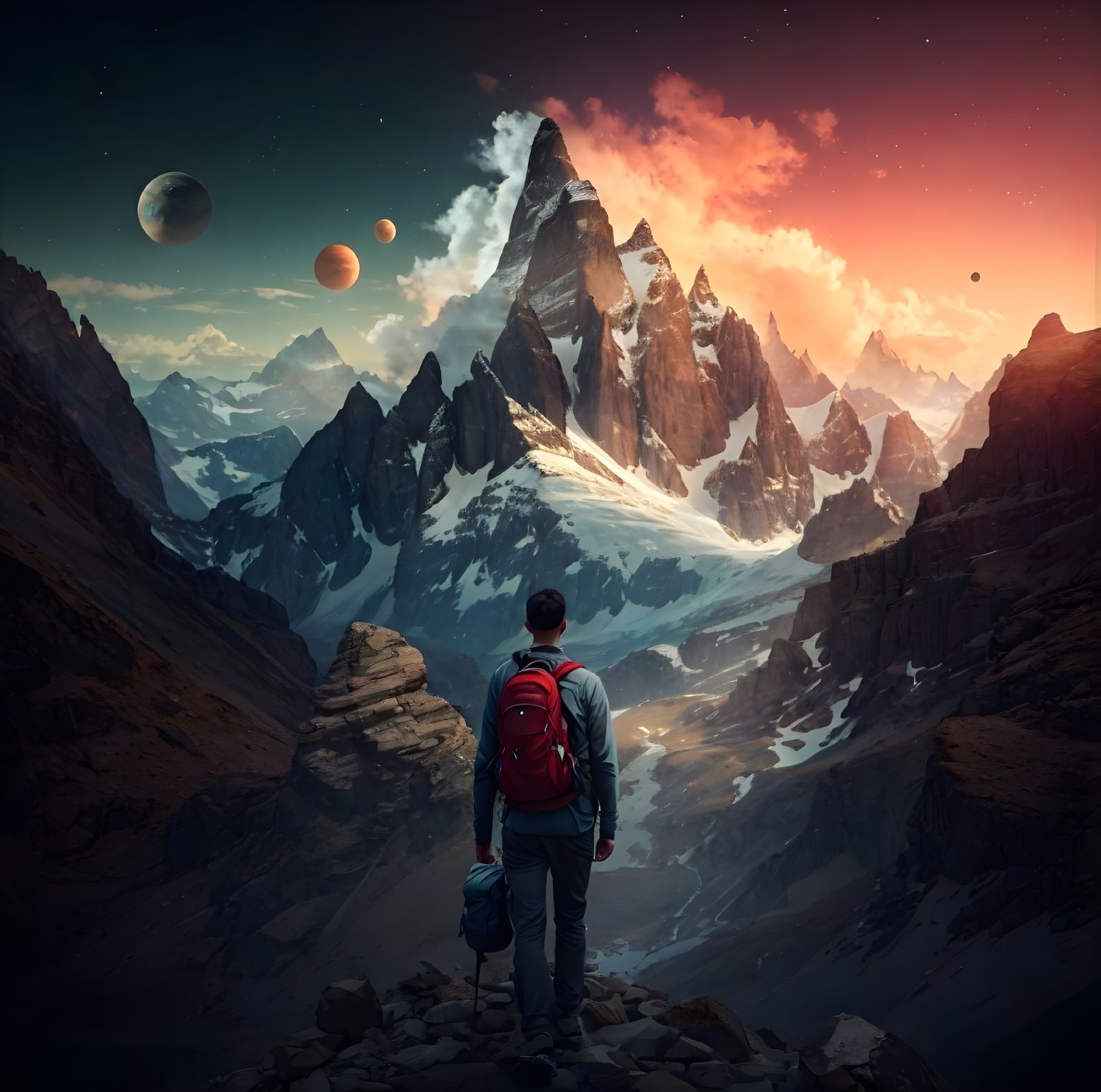 Person with backpack admiring cosmic sunset over mountains