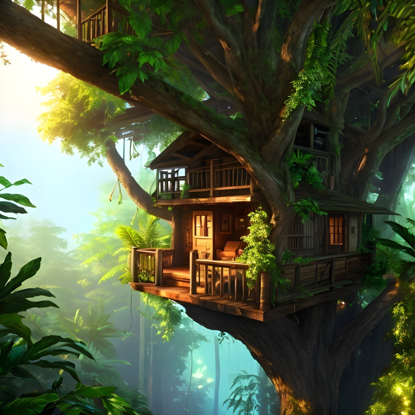 Wooden treehouse with multiple levels and balconies in serene forest.