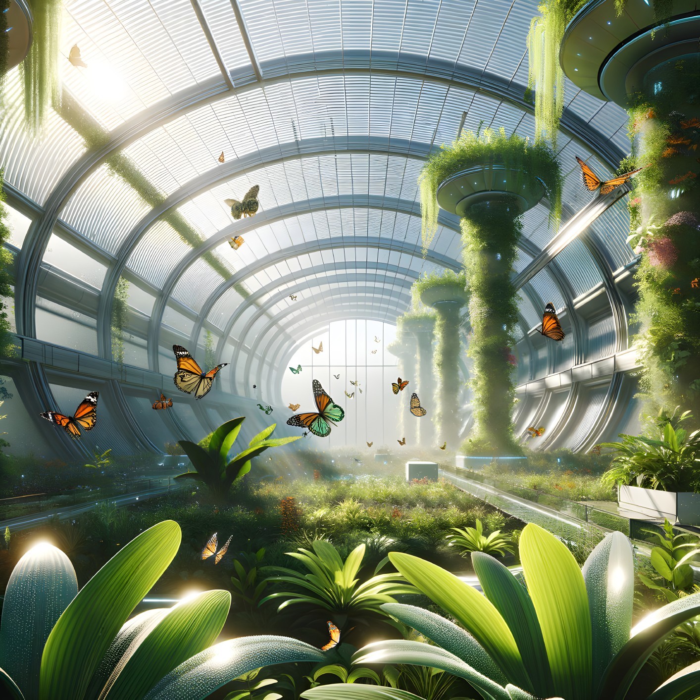 Futuristic greenhouse with lush vegetation and glass ceiling