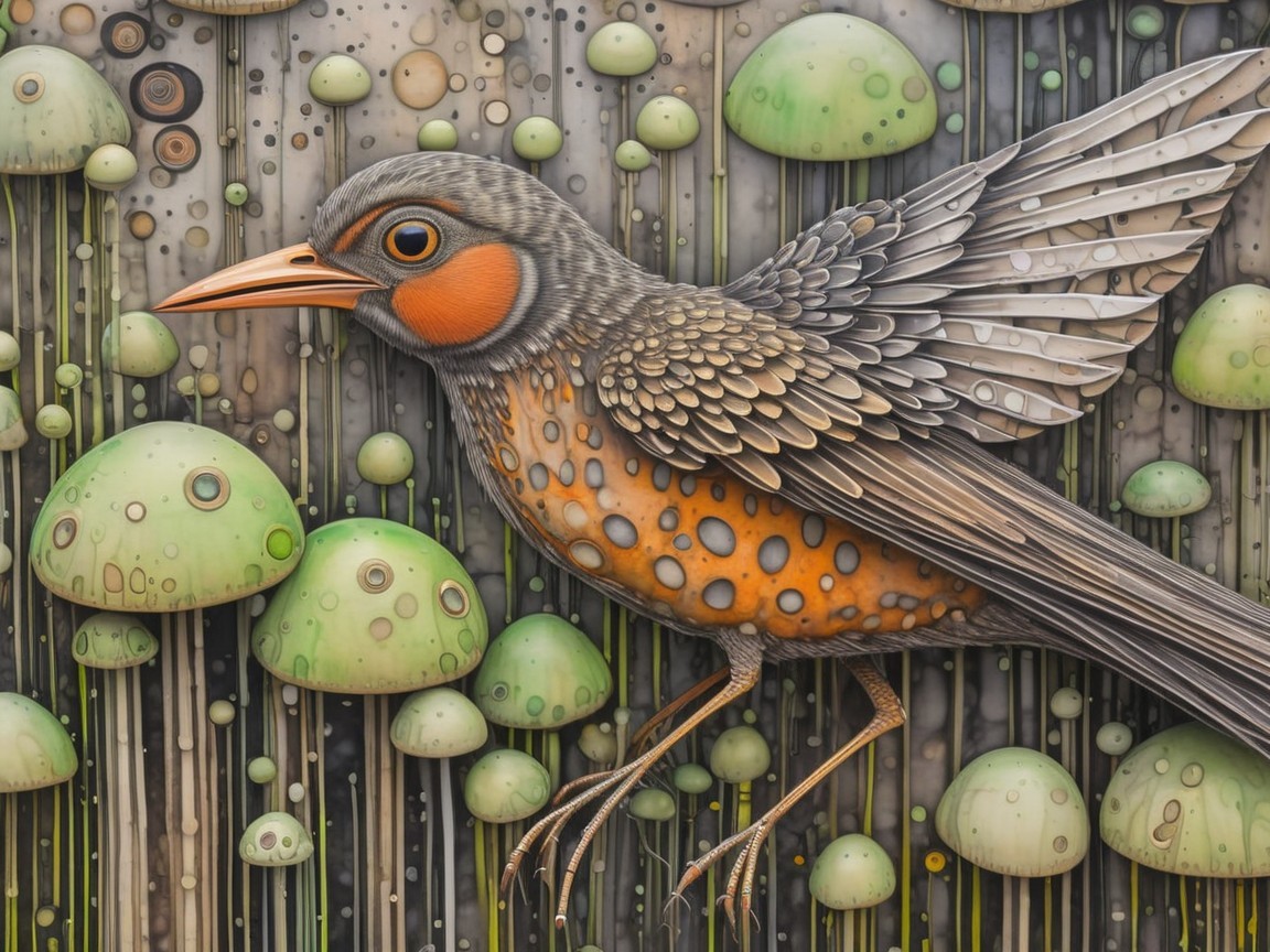 Vibrant Bird Illustration with Green Mushrooms