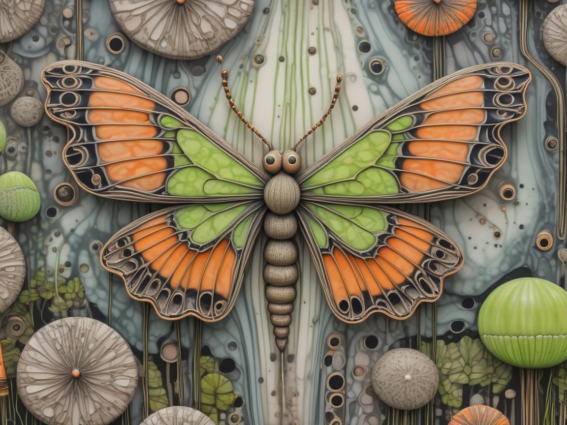 Vibrant Butterfly with Orange and Green Wings Artwork