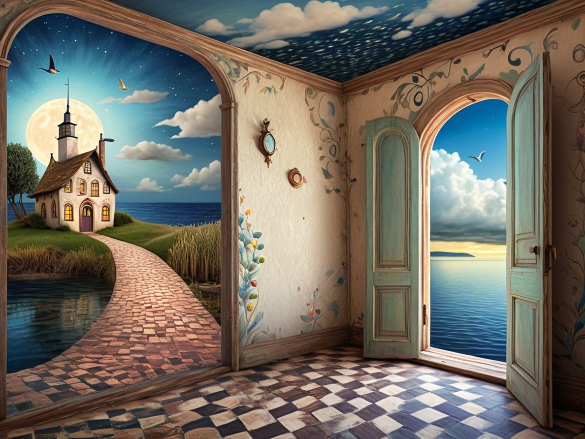 Charming Cottage by Water Under a Luminous Moon