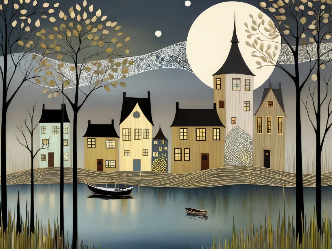 Quaint Village Landscape by a Shimmering Lake