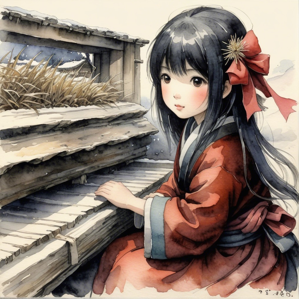 Young girl in red kimono amid snowflakes and wood