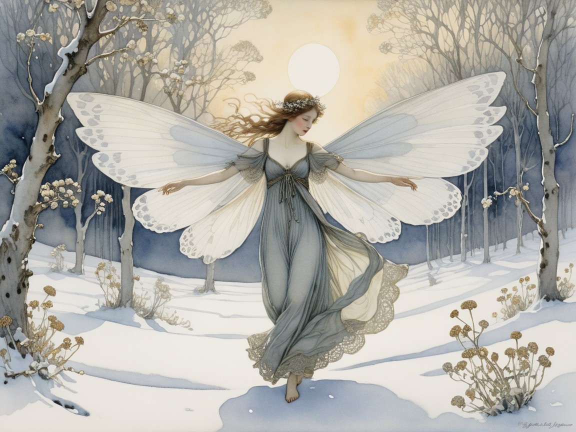 Fairy in Snowy Landscape with Moonlit Glow