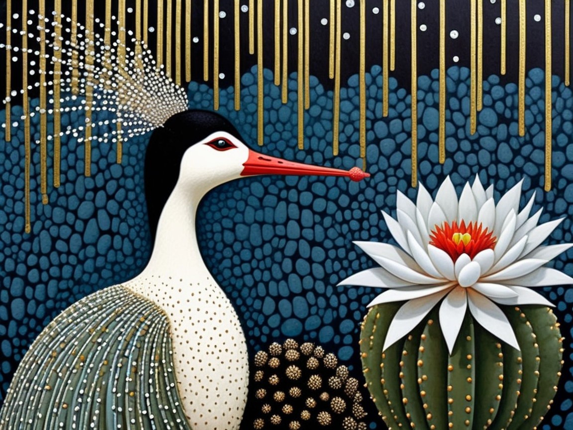 Stylized bird and flower against dark blue pebbles