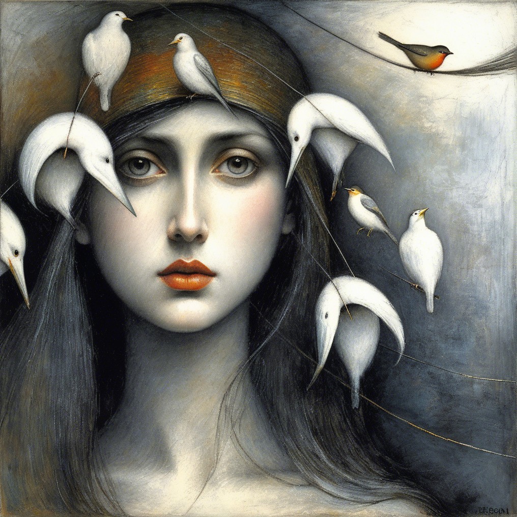 Serene Young Woman Surrounded by Whimsical Birds