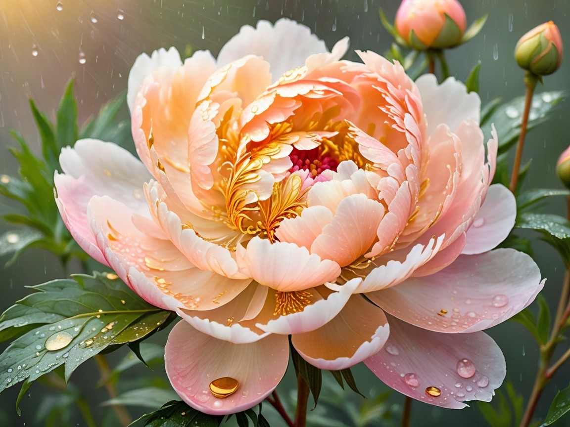 Vibrant peony blossom with peach and cream petals