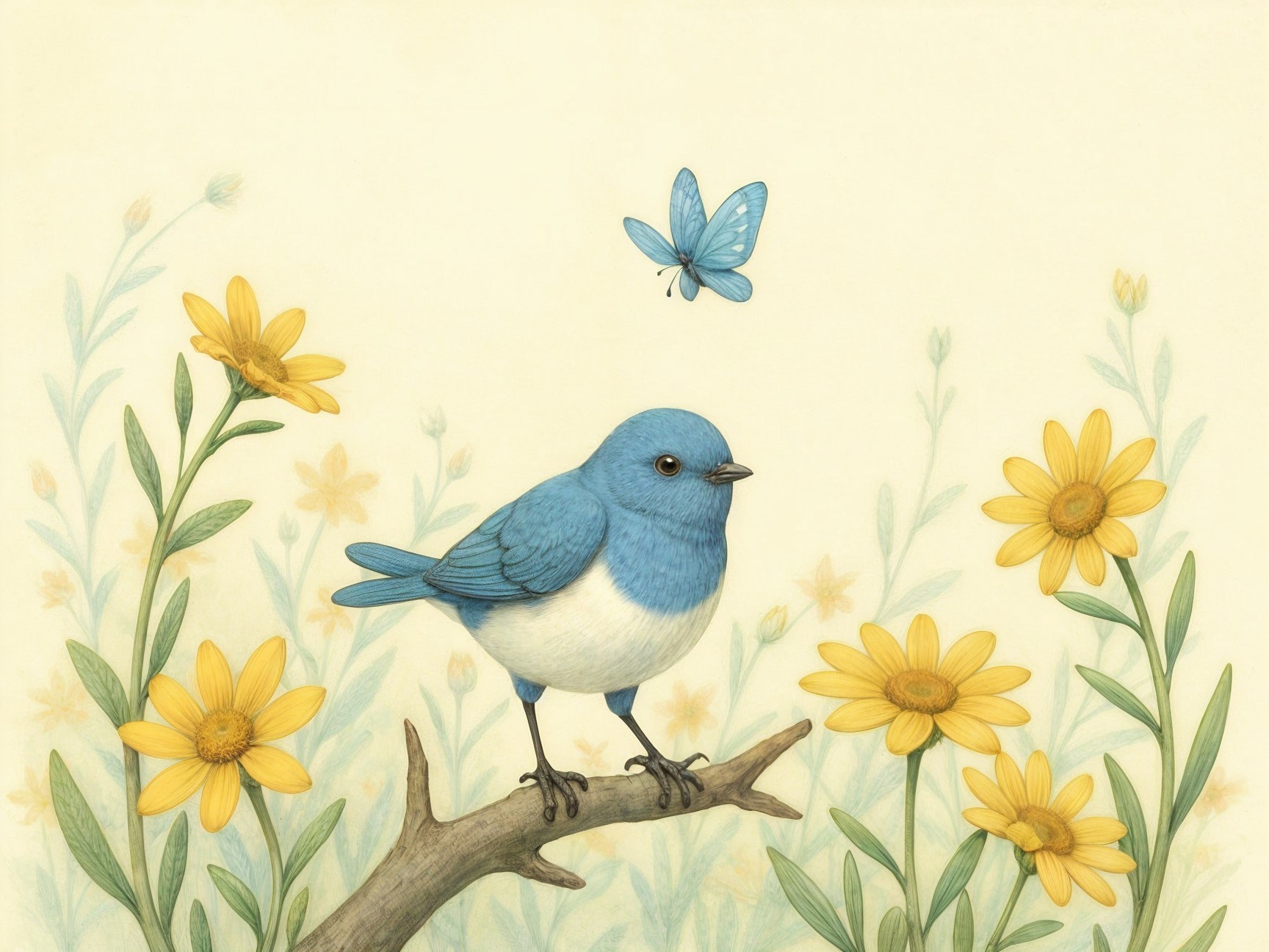 Bluebird on Branch with Yellow Flowers and Butterfly
