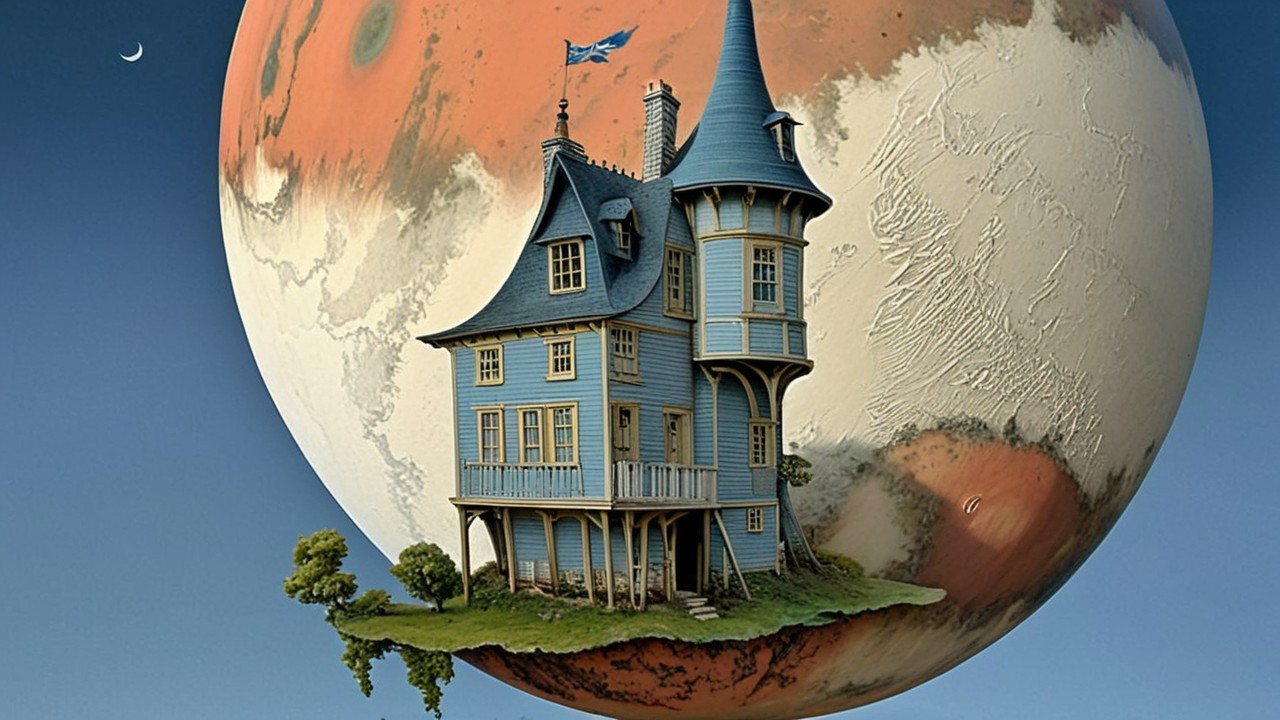 Whimsical Blue Victorian House on Mars Landscape