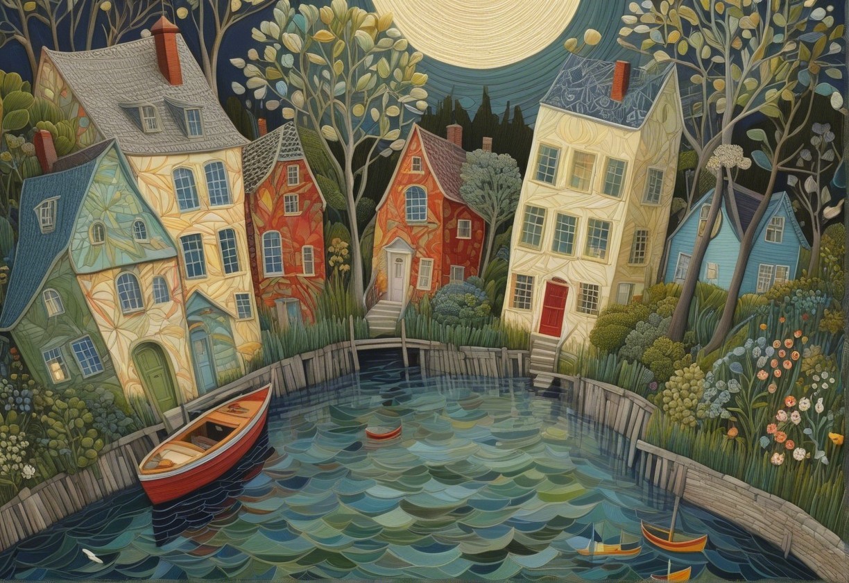 Colorful Houses by a Serene Waterway at Night