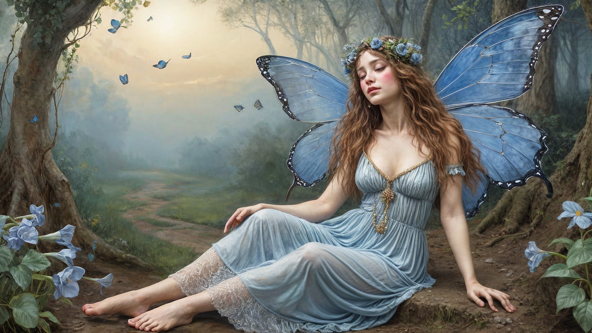 Serene fairy in woodland with blue butterfly wings