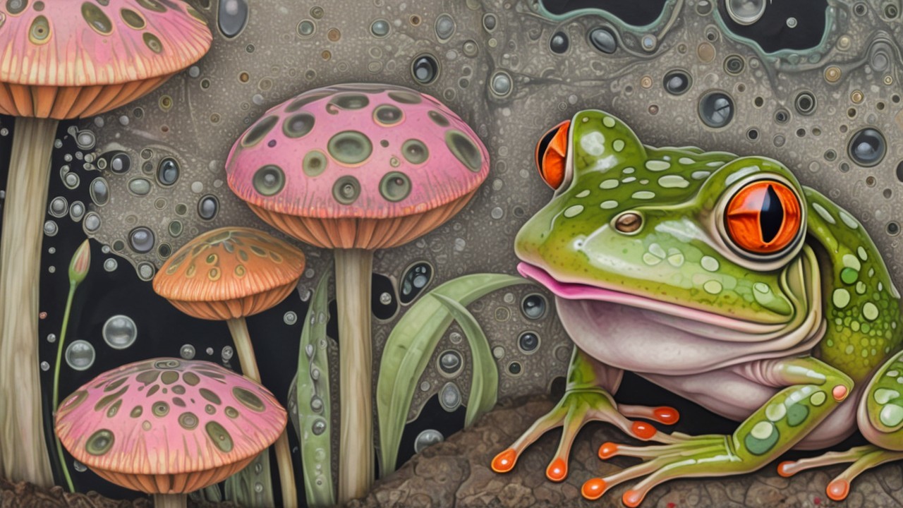 Vivid Green Frog Among Whimsical Pink and Purple Mushrooms