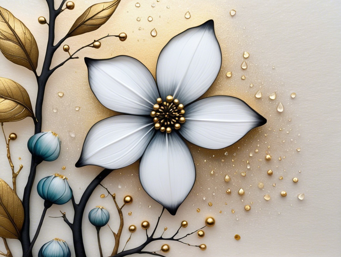 3D Floral Artwork with White Flower and Golden Accents