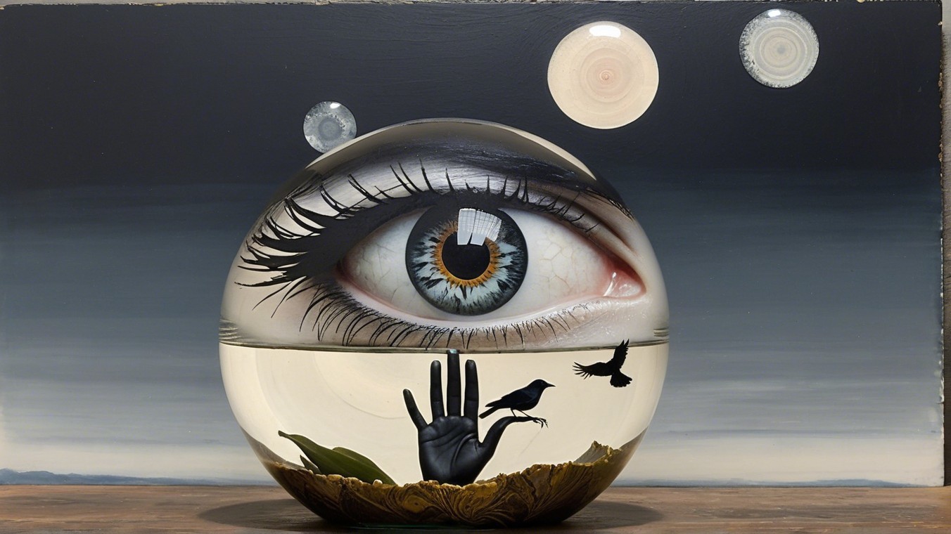 Surreal Composition with Crystal Orb and Eye Reflection