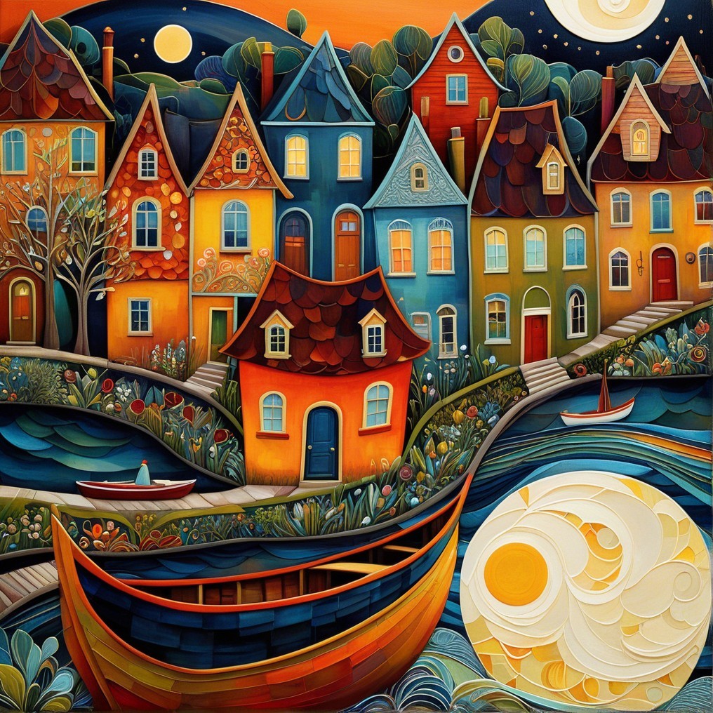Whimsical Night Scene with Colorful Houses and River