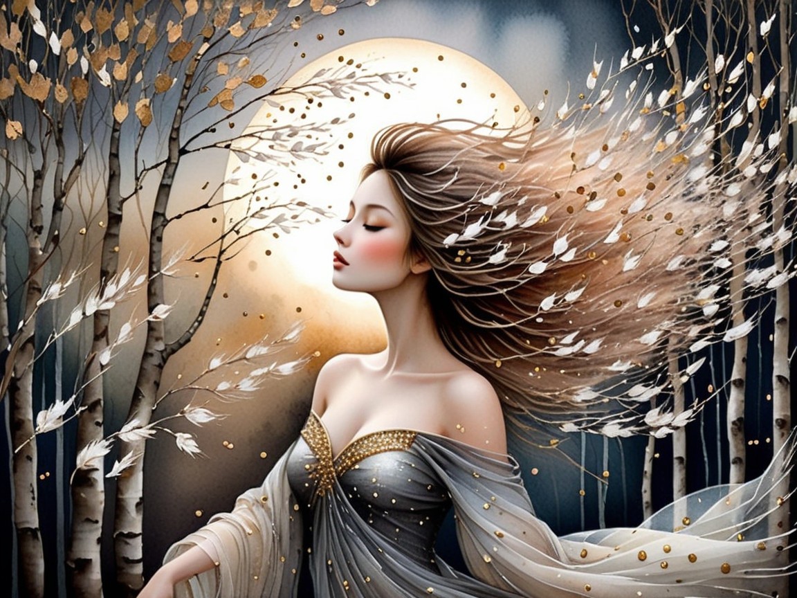 Serene Woman Among Bare Trees with Moonlit Backdrop