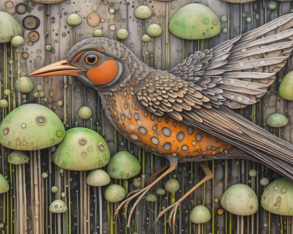 Vibrant Bird Illustration with Green Mushrooms