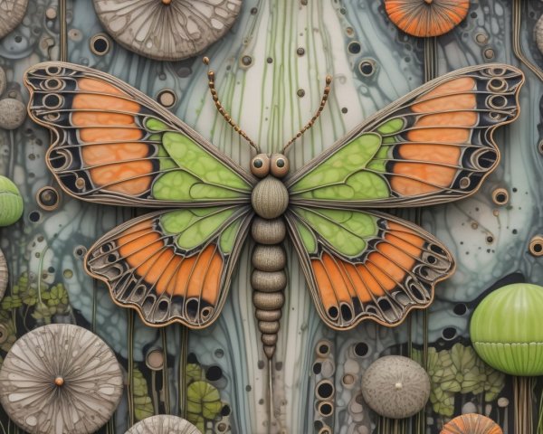 Vibrant Butterfly with Orange and Green Wings Artwork