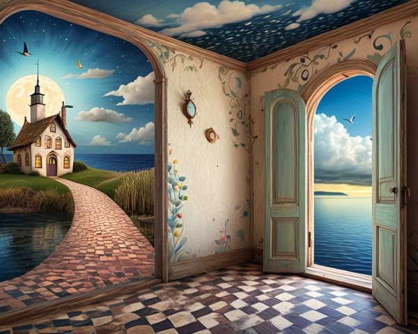 Charming Cottage by Water Under a Luminous Moon