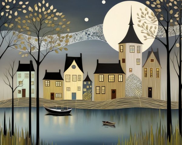Quaint Village Landscape by a Shimmering Lake