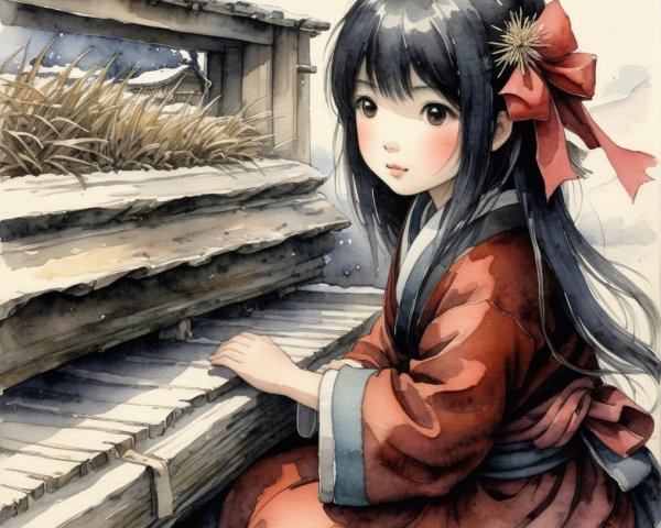 Young girl in red kimono amid snowflakes and wood