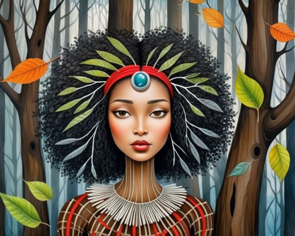 Portrait of a woman with textured afro and tribal attire