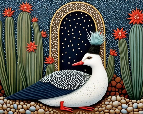 Whimsical Duck Illustration in Colorful Desert Scene