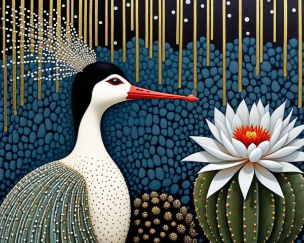 Stylized bird and flower against dark blue pebbles