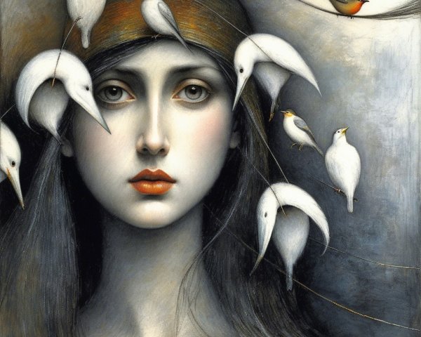 Serene Young Woman Surrounded by Whimsical Birds