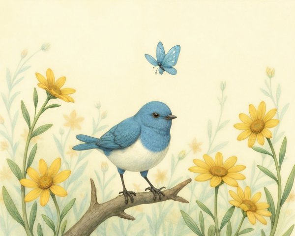 Bluebird on Branch with Yellow Flowers and Butterfly