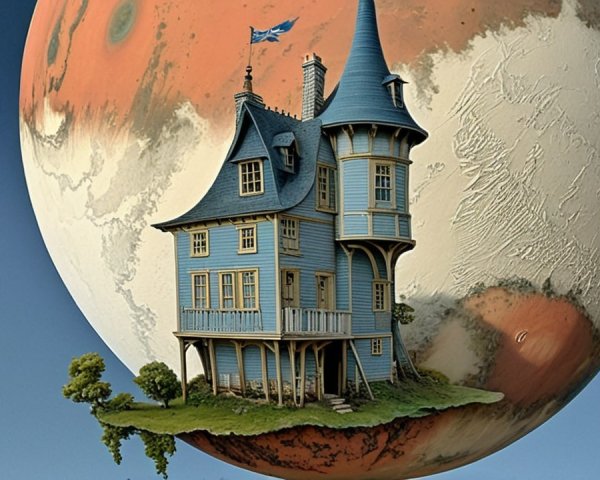 Whimsical Blue Victorian House on Mars Landscape
