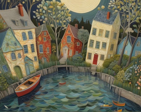 Colorful Houses by a Serene Waterway at Night