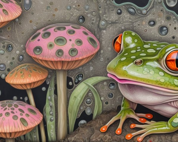 Vivid Green Frog Among Whimsical Pink and Purple Mushrooms
