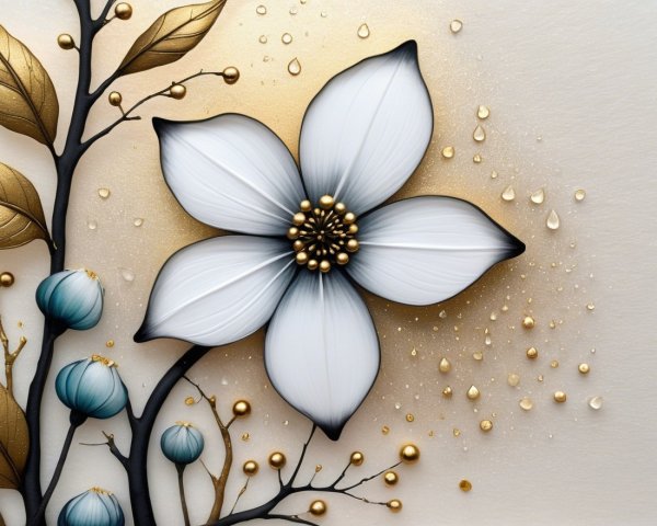 3D Floral Artwork with White Flower and Golden Accents