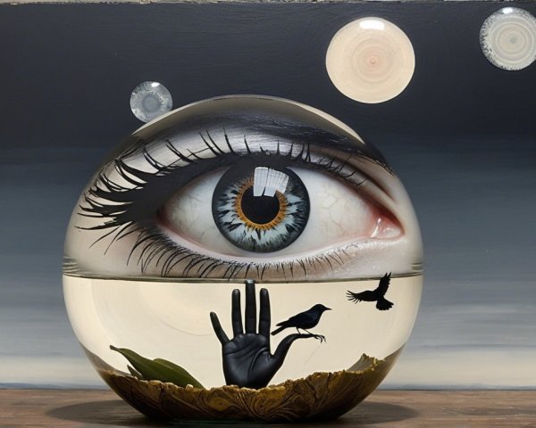 Surreal Composition with Crystal Orb and Eye Reflection
