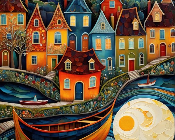 Whimsical Night Scene with Colorful Houses and River