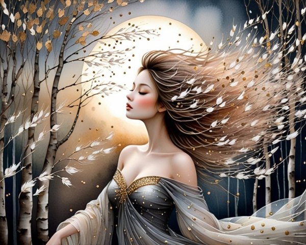 Serene Woman Among Bare Trees with Moonlit Backdrop