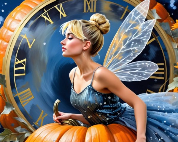 Fairy on Pumpkin with Shimmering Wings and Clock