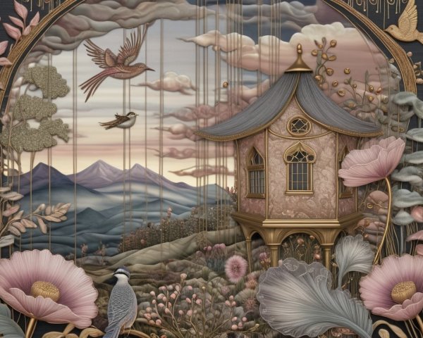 Serene Landscape with Mountains and Ornate House