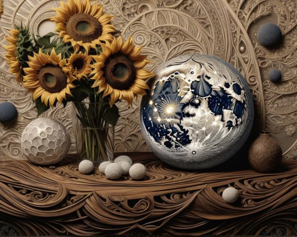 Vibrant Sunflowers and Intricate Spherical Objects Still Life
