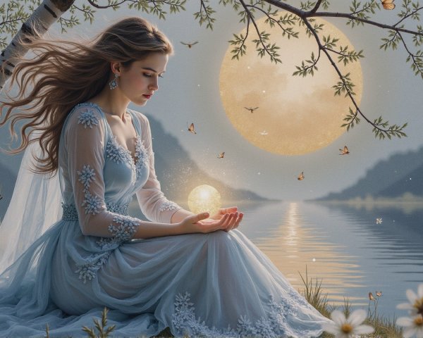 Young woman in blue gown by tranquil lake at night