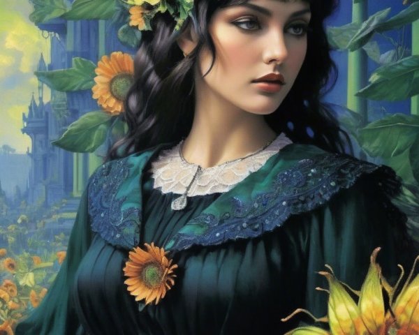 Young woman in green dress among sunflowers