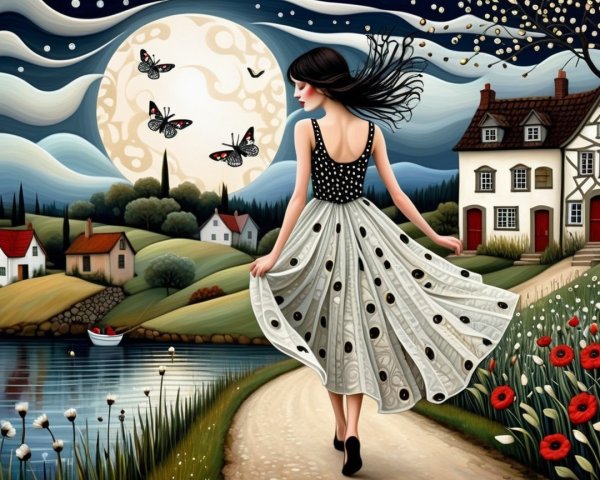 Dreamy Landscape with Woman by Serene Waterfront Path
