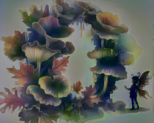 Mystical Scene with Vibrant Mushrooms and Leaves