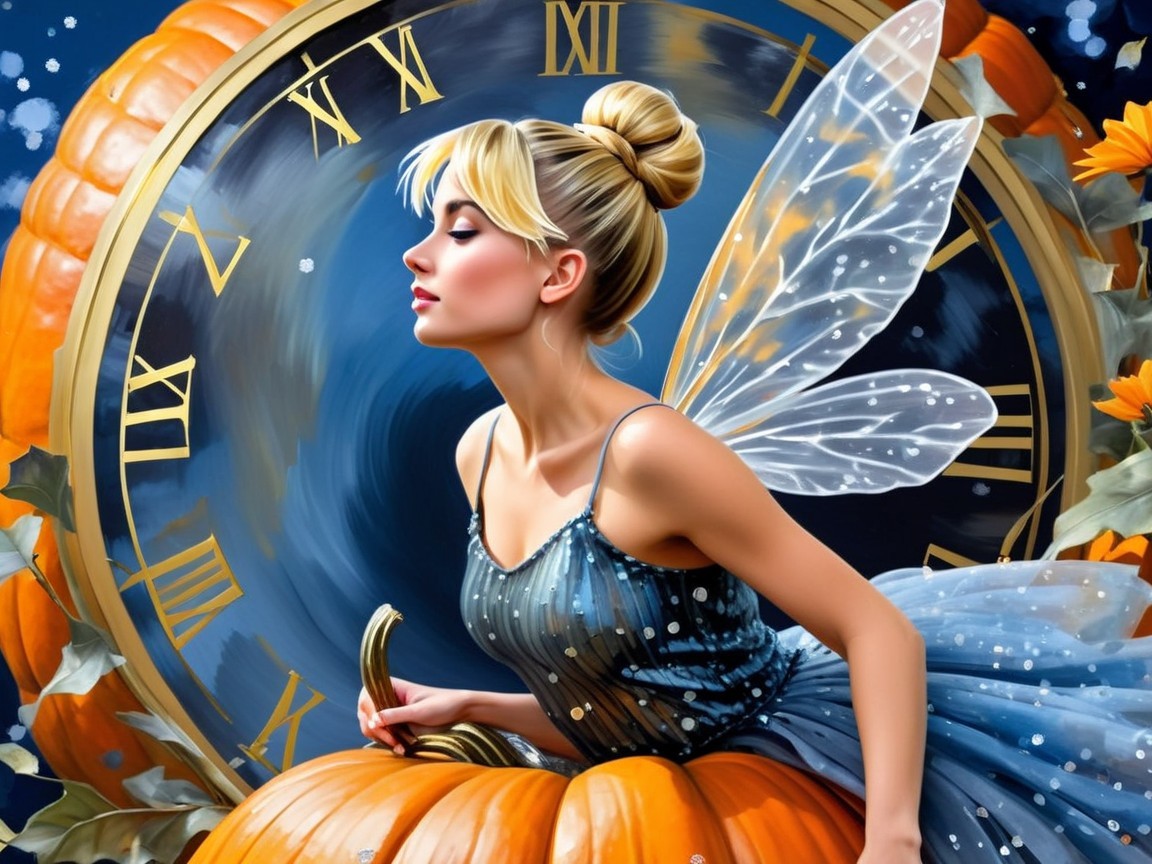 Fairy on Pumpkin with Shimmering Wings and Clock