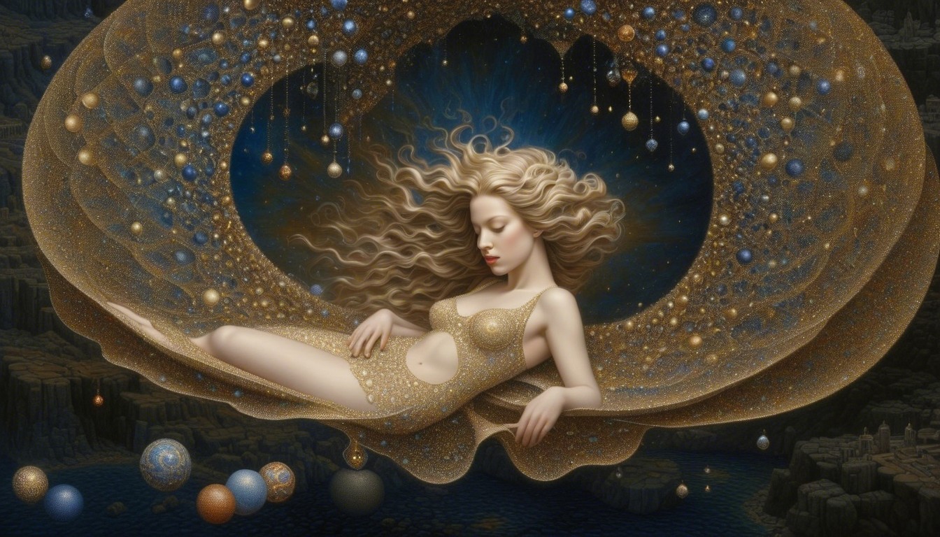 Surreal Scene of a Figure in a Cosmic Shell