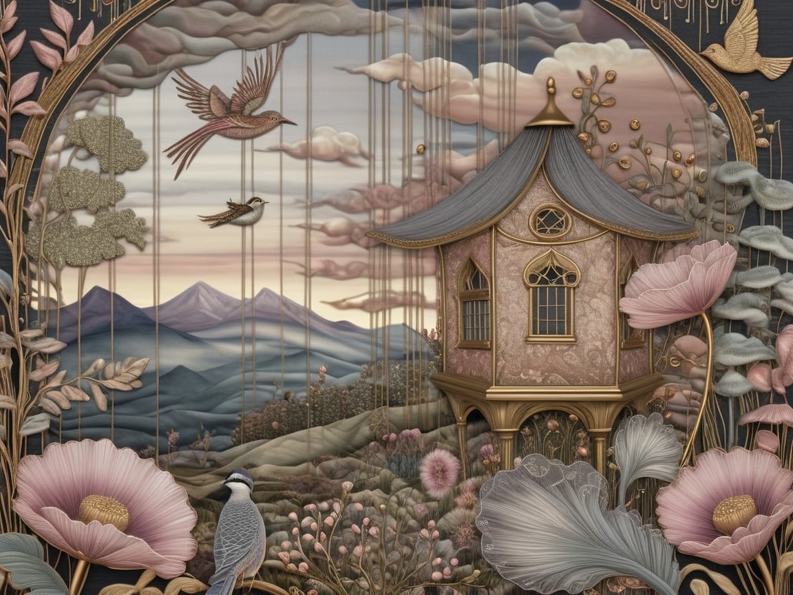 Serene Landscape with Mountains and Ornate House