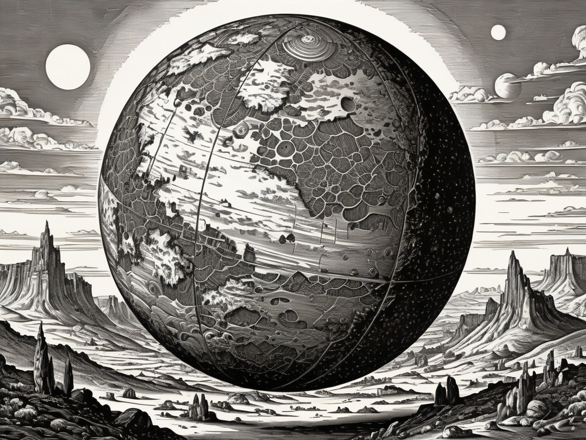 Surreal Landscape with Massive Planet and Rock Formations
